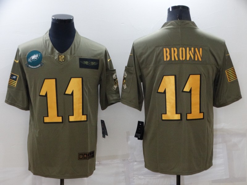 Men's Philadelphia Eagles #11 A. J. Brown Olive/Gold Salute To Service Limited Stitched Jersey Men's Philadelphia Eagles #11 A. J. Brown Olive/Gold Salute To Service Limited Stitched Jersey